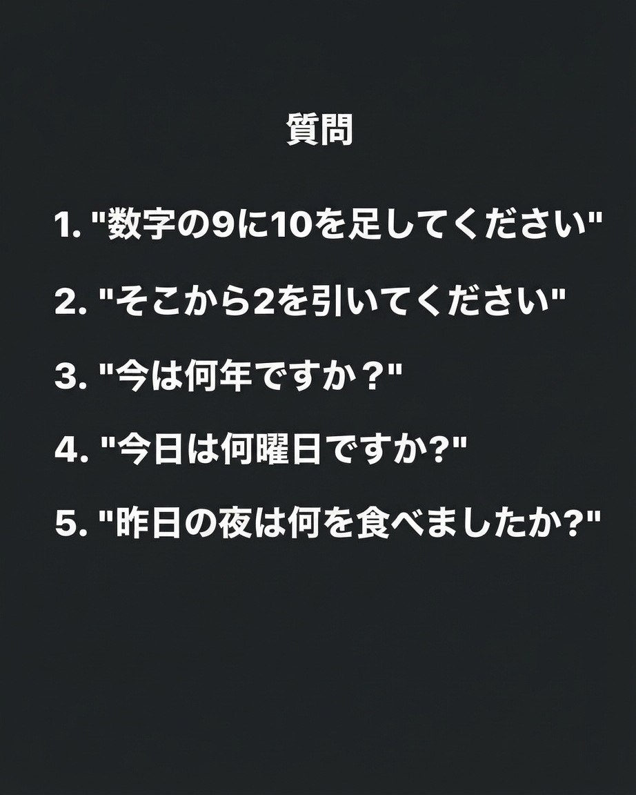足し算、引き算、現在の年、曜日、昨日の夕食のメニューを尋ねる5つの質問リストが書かれた画像。