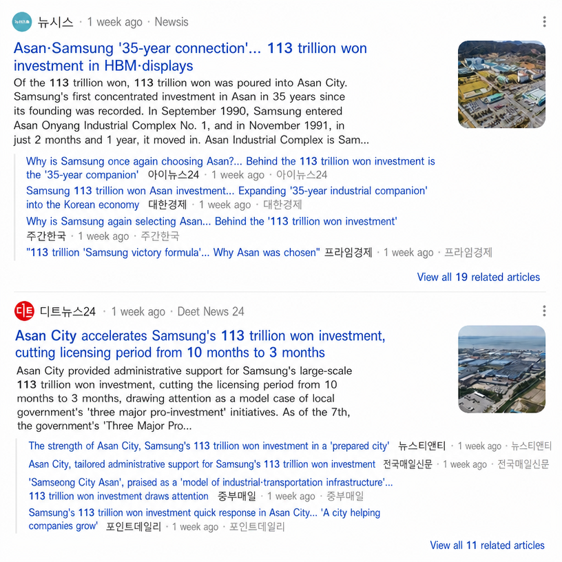 Screenshot of a list of news search results regarding the 113 trillion won investment cooperation between Asan City and Samsung