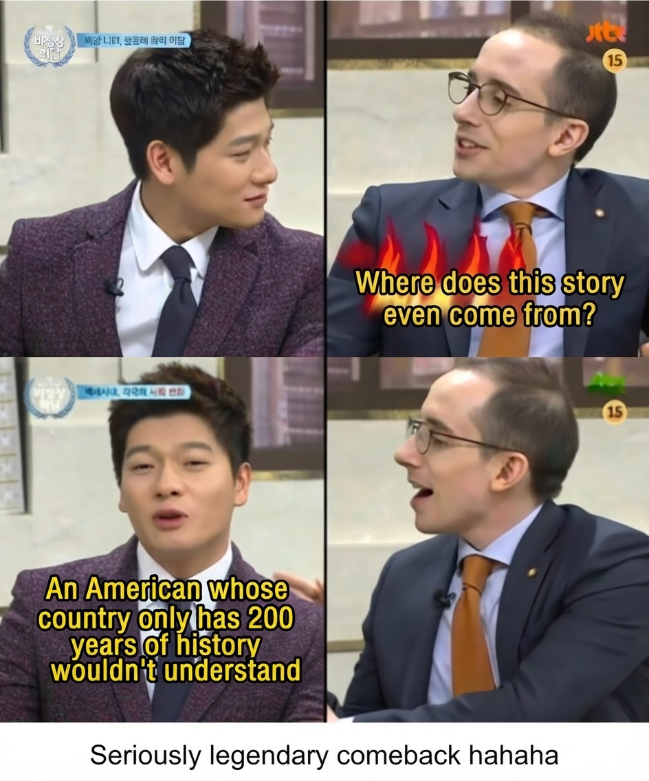Scene from Abnormal Summit where Tyler looks bewildered and asks where that story comes from, and Zhang Yuan counters that Americans with only 200 years of history wouldn't understand.