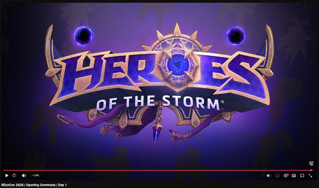 A purple background showing a large Heroes of the Storm logo, with a BlizzCon 2026 opening ceremony indicator on the player below