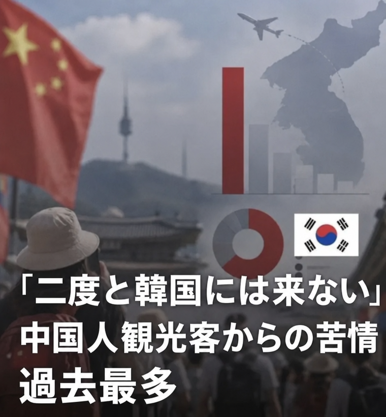 「韓国には二度と来ない」という中国人観光客からの苦情が過去最多であると伝えるニュース報道のスクリーンショット。