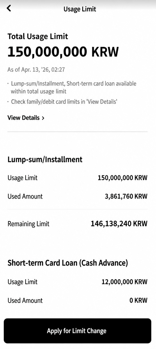 Screenshot of a mobile card app usage limit screen with a total limit set to 150 million KRW.