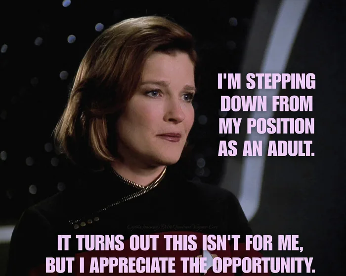Captain Janeway from Star Trek: Voyager with text: 'I'M STEPPING DOWN FROM MY POSITION AS AN ADULT. IT TURNS OUT THIS ISN'T FOR ME, BUT I APPRECIATE THE OPPORTUNITY.'