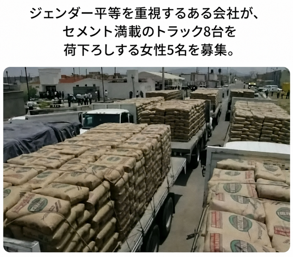 倉庫の外に、重いセメント袋が山積みにされた平ボディトラックが列を作って停まっている。
