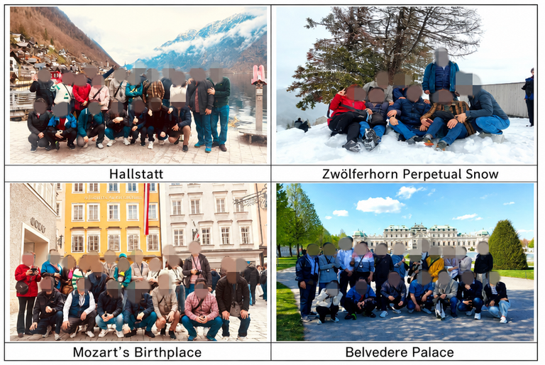 A 4-part split photo of a group posing for commemorative photos in front of famous Austrian tourist spots: Hallstatt, Zwölferhorn perpetual snow, Mozart's birthplace, and Belvedere Palace.