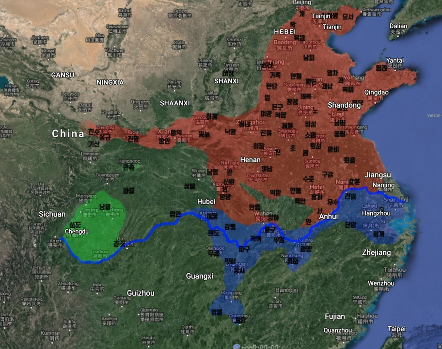 A satellite map of China showing the actual effective territories controlled by Wei, Shu, and Wu during the Three Kingdoms period. Wei dominates a vast portion of the Central Plains, while Shu occupies only a part of the Sichuan Basin and Wu is stretched thinly along the Yangtze River basin.