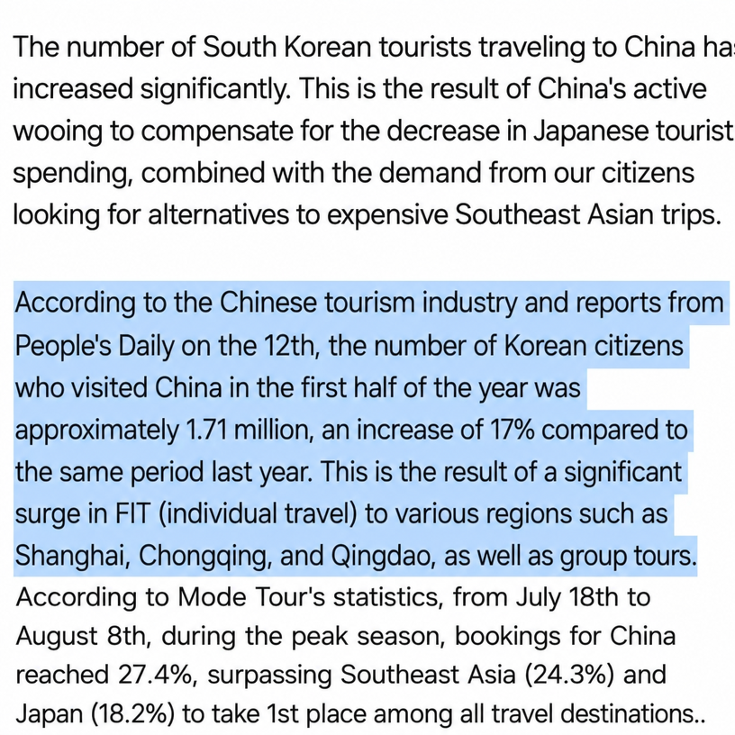 Article body showing statistics on Korean tourists visiting China in the first half of the year and rankings of travel destinations