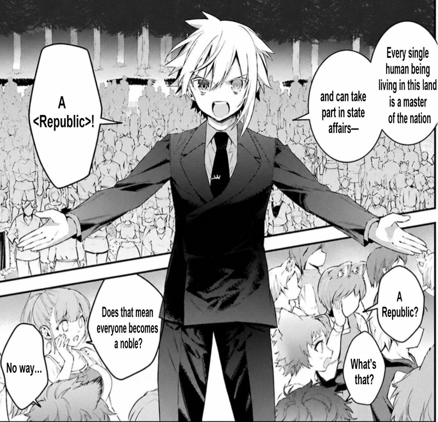 A scene from a manga where a young boy in a suit declares a republic before the masses, stating that every person living in the land is a master of the nation and can participate in state affairs, while people in the crowd murmur, wondering, 'Does that mean everyone becomes a noble?'