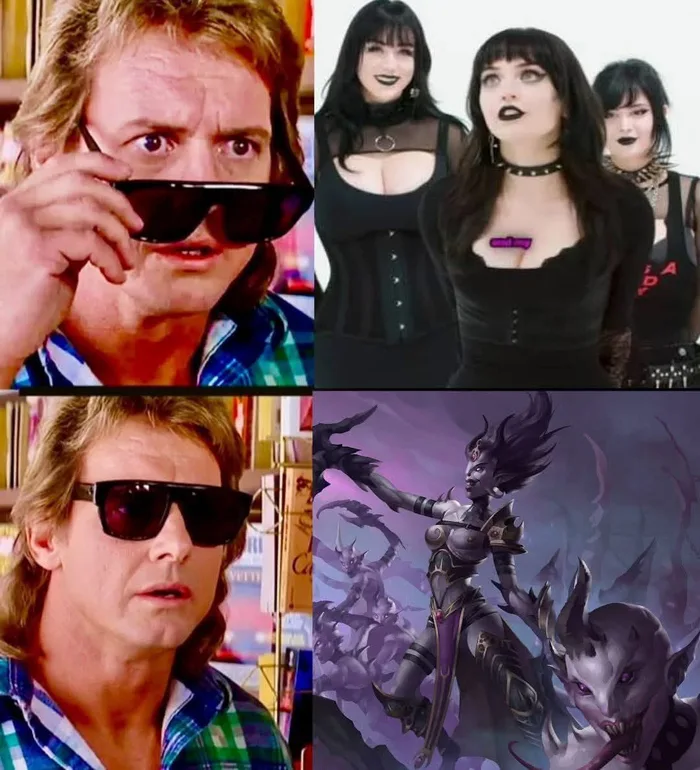 A They Live meme format showing Roddy Piper looking at goth women without sunglasses, but seeing Daemonettes of Slaanesh when wearing them.