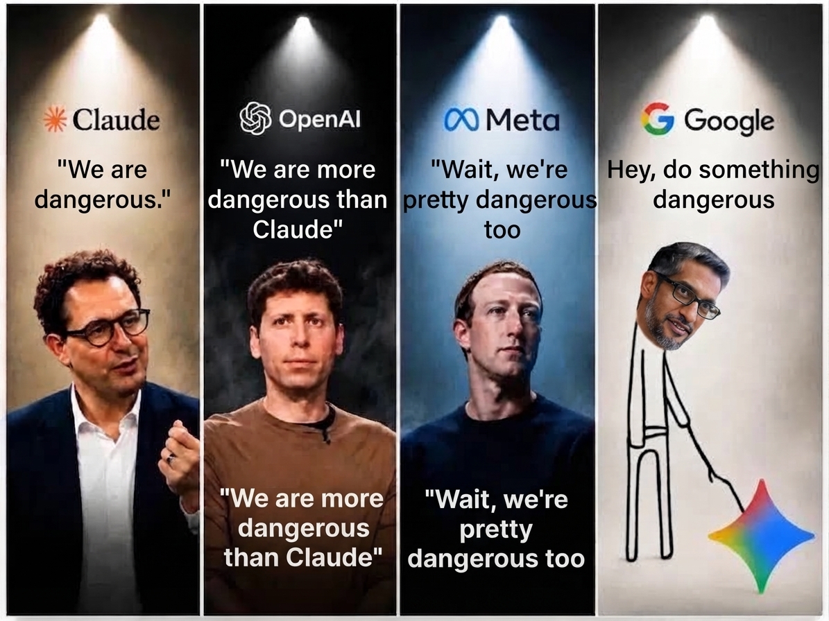 A meme comparing leaders of AI companies. Claude (Dario Amodei) says "We are dangerous", OpenAI (Sam Altman) says "We are more dangerous than Claude", Meta (Mark Zuckerberg) says "Wait, we're pretty dangerous too", while Google (Sundar Pichai) pokes the Gemini logo with a stick urging "C'mon, do something dangerous."