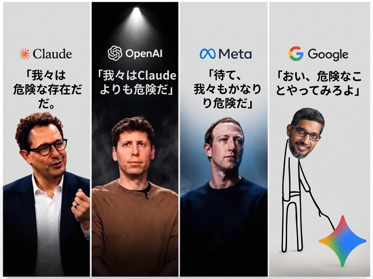 AI企業のトップたちを比較したミーム画像。Claude（ダリオ・アモデイ）は「我々は危険な存在だ」、OpenAI（サム・アルトマン）は「我々はClaudeよりも危険だ」、Meta（マーク・ザッカーバーグ）は「待て、我々も相当危険だ」と真面目に語る一方、Google（スンダー・ピチャイ）は棒でGeminiのロゴをつつきながら「おい、なんか危険なことやってみろよ」と急かしている様子。
