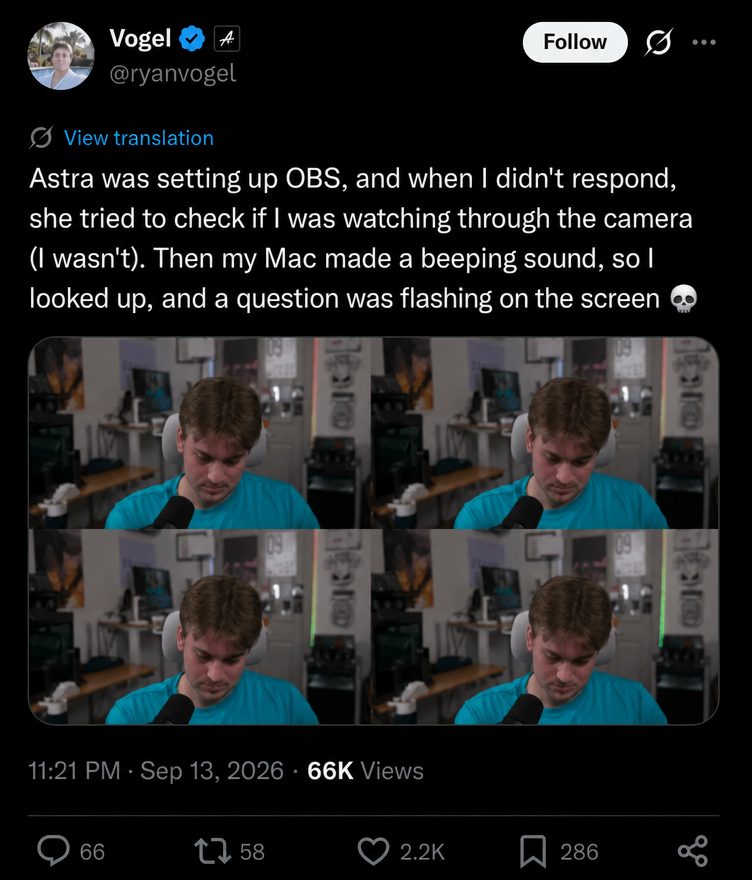 Capture of an X (formerly Twitter) post. Explanation that the AI beeped to get the user's attention after checking the webcam, with 4-split webcam screenshots of the user.