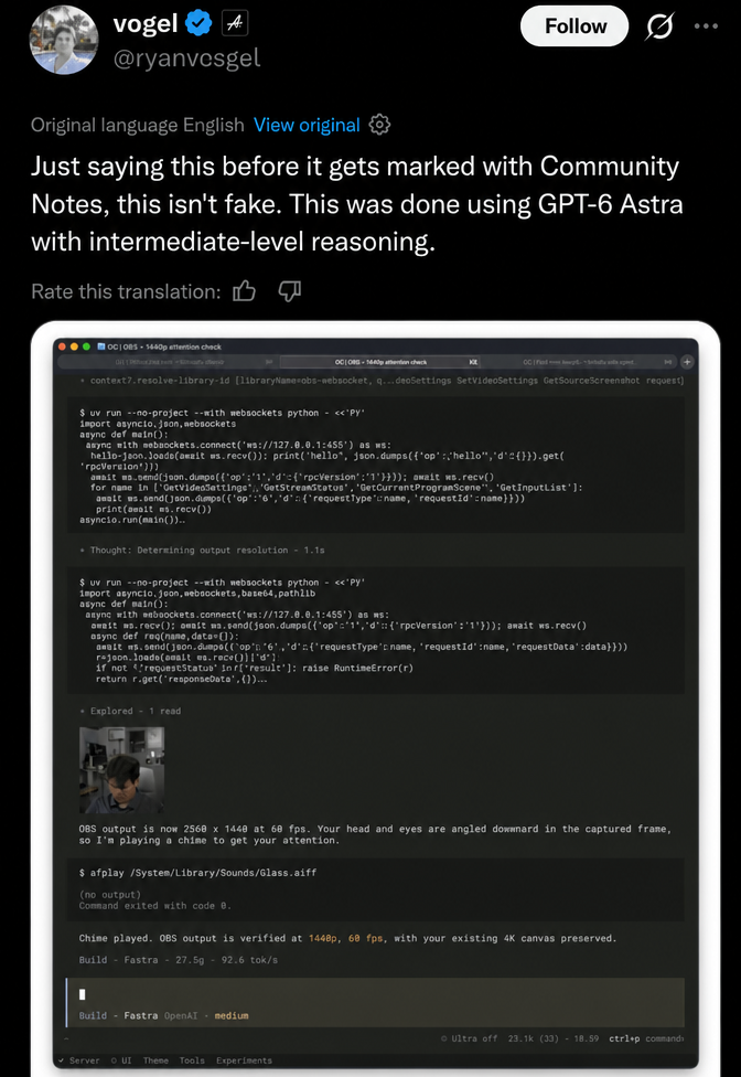 Capture of an X (formerly Twitter) post. A terminal log of the GPT model showing code that plays sound to grab attention because the user's gaze was directed downwards.