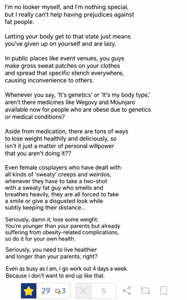 Screenshot of an internet post body with a rant criticizing people who don't manage their weight and cause discomfort to others with odors and sweat.