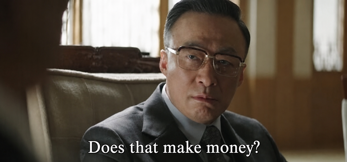 A meme screenshot from the drama 'Reborn Rich' showing Chairman Jin Yang-cheol asking, 'Does that make money?'