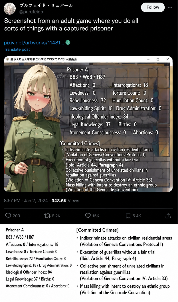 Parody screenshot of an adult captive interrogation game. Beside a uniform-clad blonde girl's profile showing affection and lewdness stats, her record lists serious war crimes including indiscriminate civilian massacres, summary executions of guerrillas, and genocide.