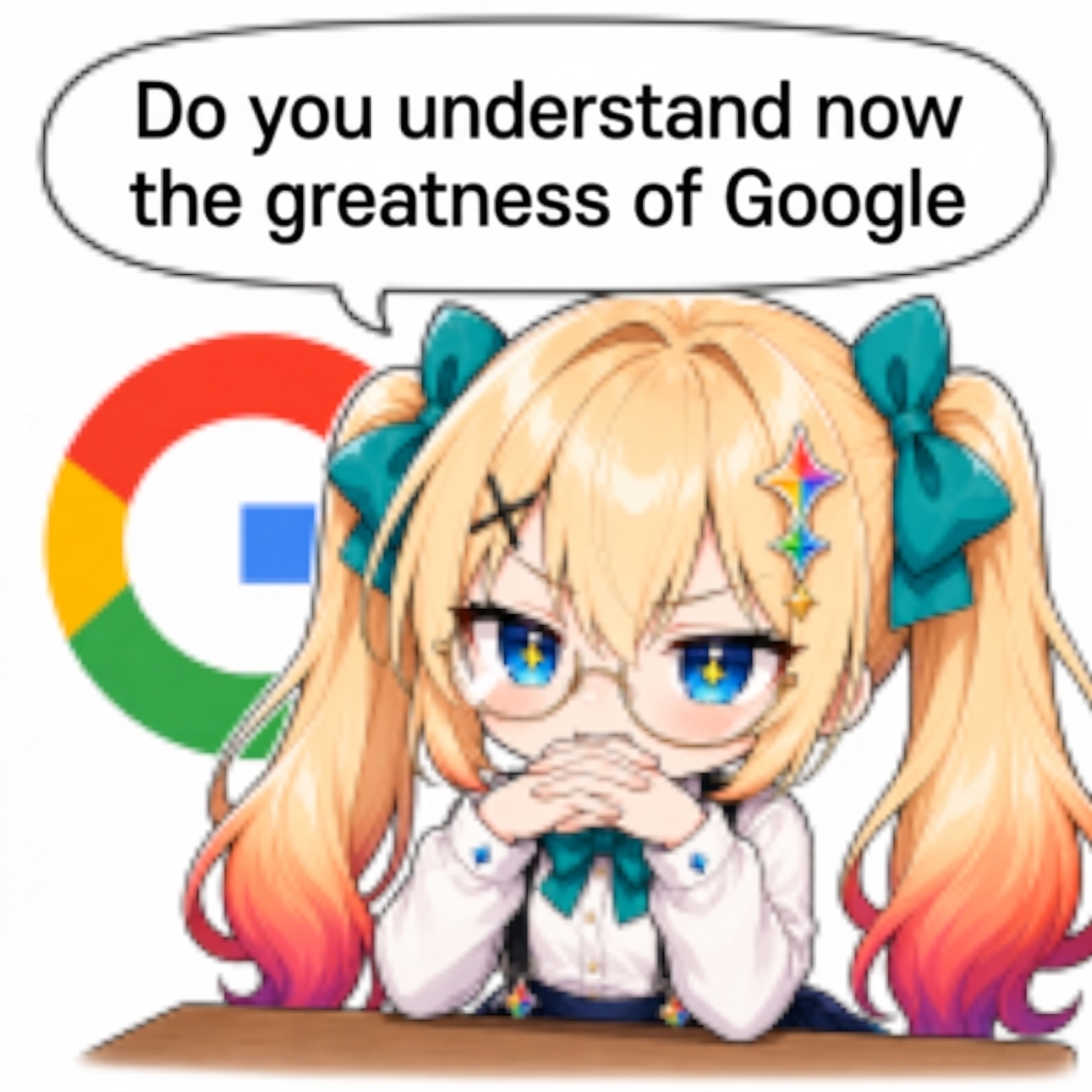 Meme of a smug anime girl in front of the Google logo boasting about Google's greatness.