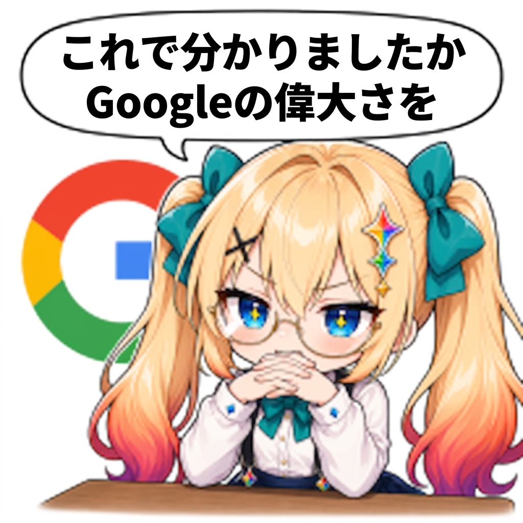 Googleのロゴを背に腕を組んでドヤ顔をする金髪ツインテールのキャラクター。「これで分かりましたか Googleの偉大さを」というセリフの吹き出しが付いているイラスト。