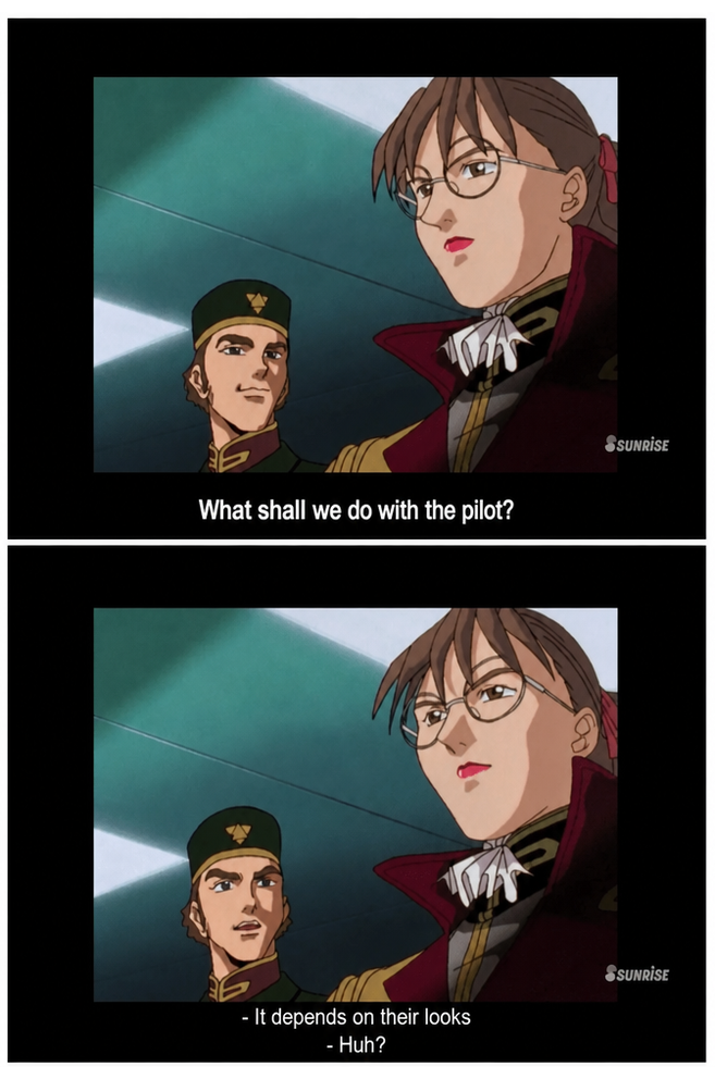 A scene from the anime Gundam Seed. A superior officer tells a subordinate that the prisoner's fate depends on their looks.