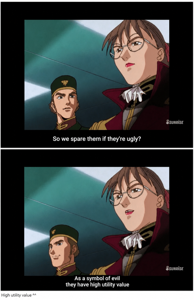 An anime scene where the subordinate asks if they should spare the ugly ones, and the superior replies that they have high utility value as a symbol of evil.