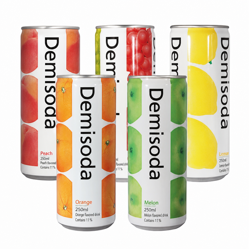 A collection of Demisoda peach, grape, lemon, orange, and apple flavored canned drinks.