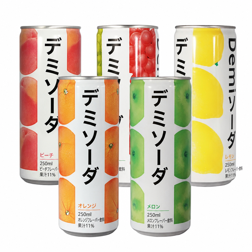 デミソーダのピーチ、グレープ、レモン、オレンジ、アップル味の缶飲料の集合