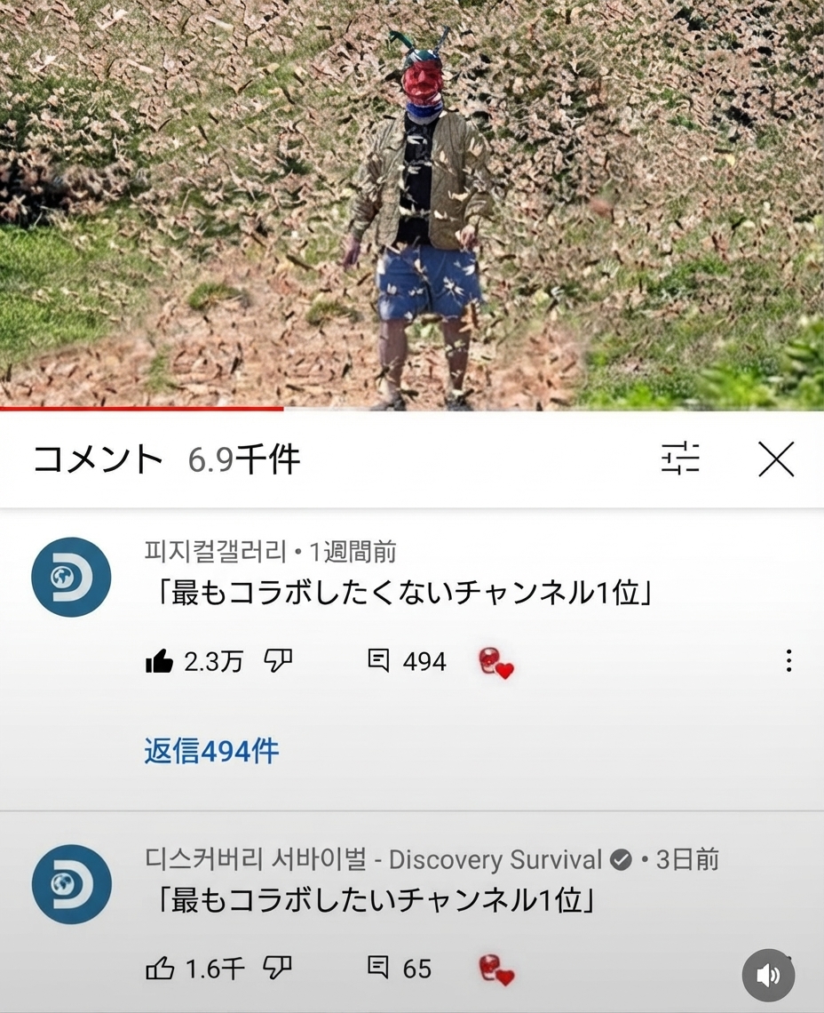 バッタの大群の中に立つYouTuber・UMAの動画に、「フィジカルギャラリー」が『最もコラボしたくないチャンネル1位』、「ディスカバリーサバイバル」が『最もコラボしたいチャンネル1位』と残したコメントのスクリーンショット。