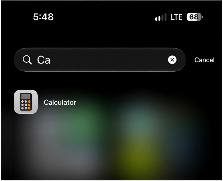 Screenshot showing the Calculator app appearing normally in iOS Spotlight when only 'Ca' is entered.