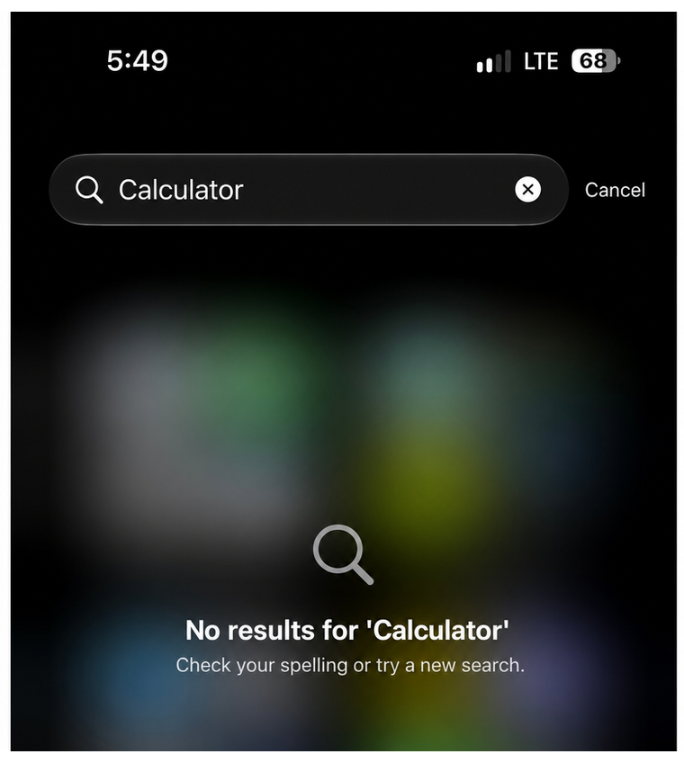 Screenshot showing an error in iOS Spotlight where entering the full word 'Calculator' results in 'No results for Calculator'.