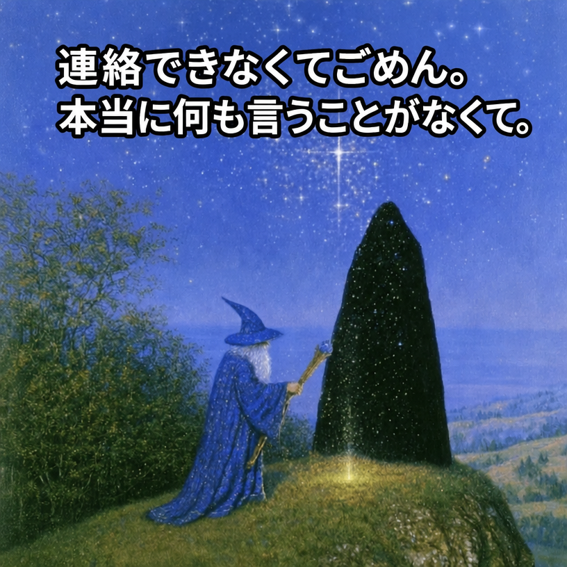 星空の下、神秘的な黒い石碑の前に杖をついて立つ青いローブの魔法使いのファンタジー絵画。「連絡できなくてごめん、本当に何も言うことがなくて」という文字がオーバーレイされている。