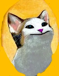 Painting portrait of the polite cat meme smiling with a tight mouth against a yellow background