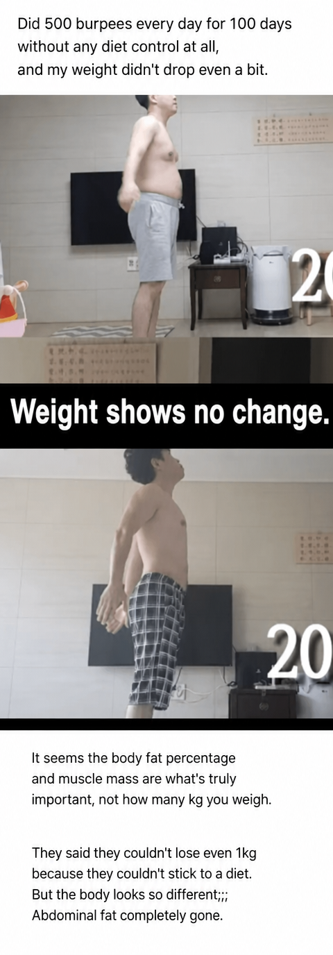 Before-and-after comparison showing the change in physique after doing 500 burpees every day for 100 days without any diet control—while the weight remains the same, the abdominal fat is gone and the body shape has changed significantly.