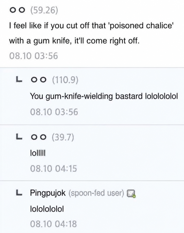A screenshot of community comments. One comment reads: 'Looks like you could scrape it right off with a putty knife,' followed by laughing replies.