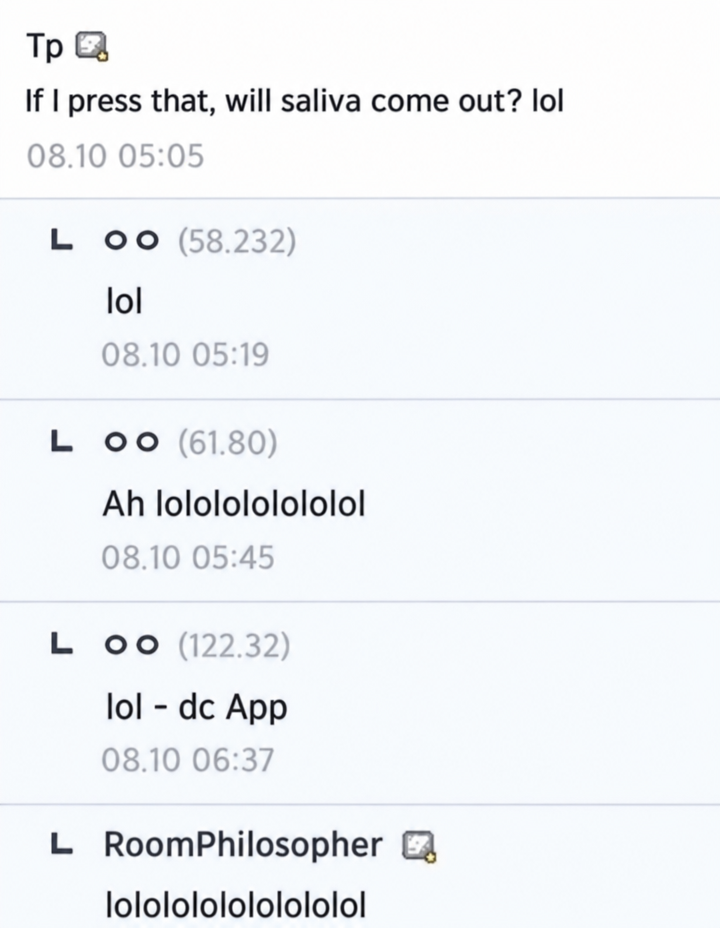 A screenshot of community comments. One comment reads: 'Does drool come out if you press it? lol,' followed by laughing replies.