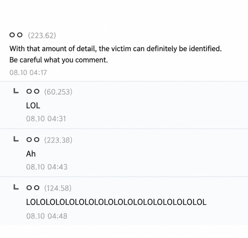 A screenshot of community comments. One comment reads: 'A mole that size counts as identifying a victim, be careful what you comment,' followed by laughing replies.