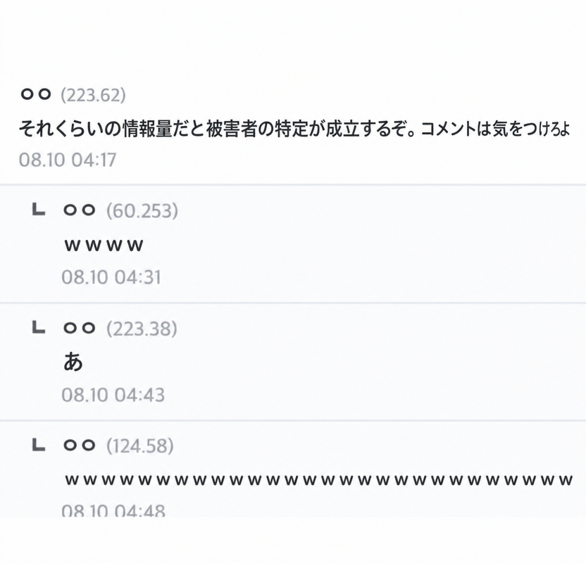 コミュニティのコメント欄のキャプチャ画像。「それくらいのホクロなら被害者の特定が可能だぞ。コメントには気をつけろ」というコメントと、爆笑する返信コメント。