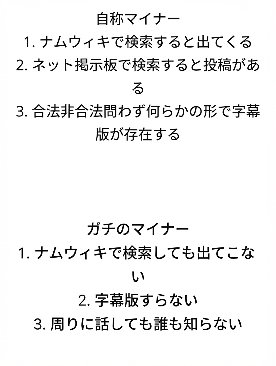 自称マイナーとガチのマイナーの違いをWiki掲載の有無や字幕の有無などで比較したテキスト画像