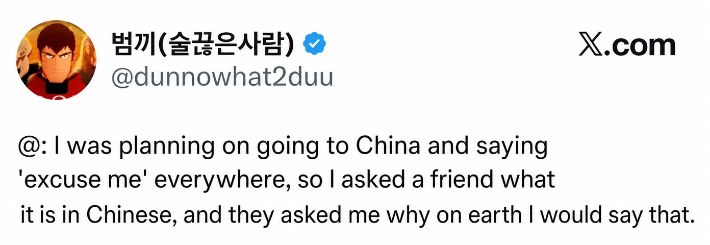 X (formerly Twitter) screenshot. A user named 범끼(@dunnowhat2duu) wrote, "I asked a friend how to say 'Excuse me' in Chinese because I wanted to go to China and walk around saying it, and they asked me why on earth I would say that."