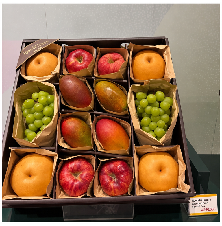A high-end mixed fruit gift set consisting of apples, pears, green grapes, and mangoes displayed in a department store.