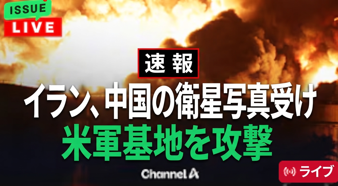 炎と煙が立ち上る爆発現場を背景に、「速報 イラン、中国の衛星写真提供を受け米軍基地を攻撃」と大きくテロップが表示されたチャンネルAのニュースライブ配信サムネイル。