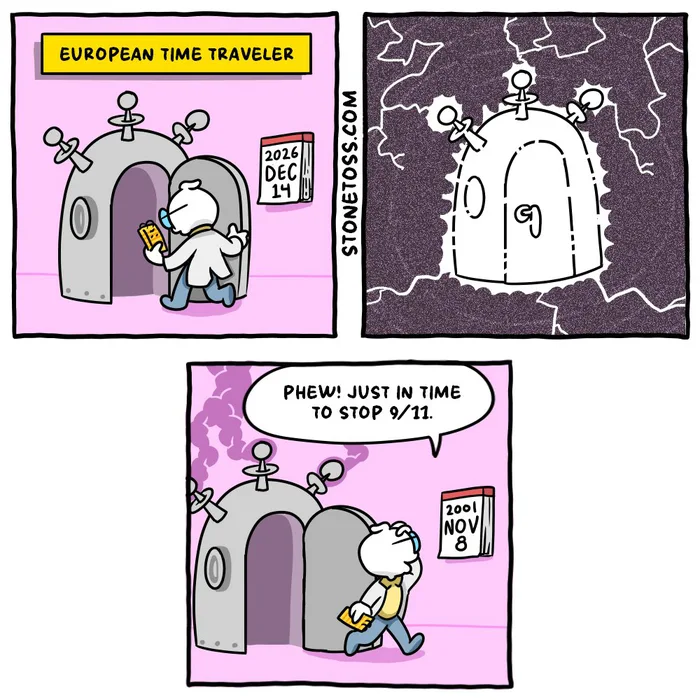 A comic about a European time traveler arriving on November 8, 2001, mistakenly thinking he arrived in time to stop 9/11 due to day-month format confusion.