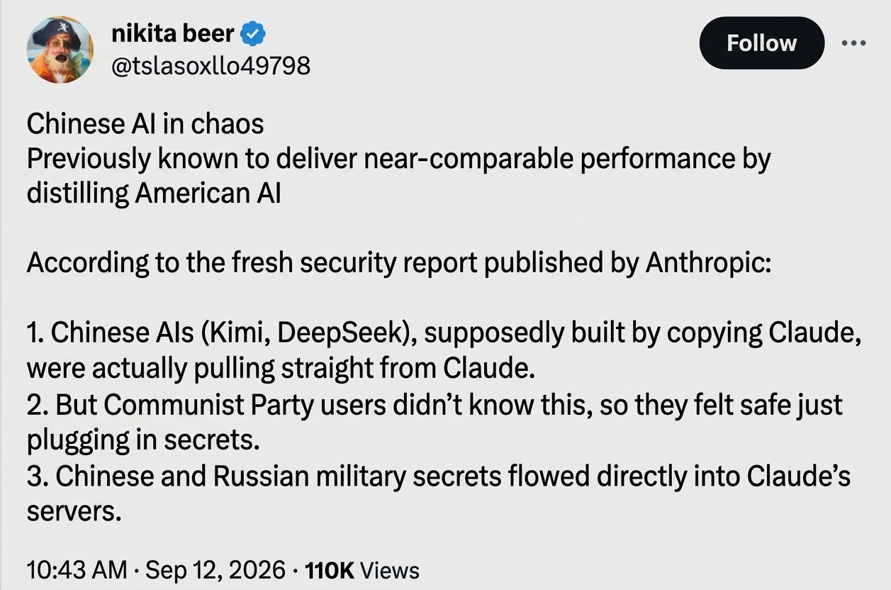 Screenshot of a post on X claiming Chinese AI secretly used Anthropic's Claude, leading to Chinese and Russian military secrets leaking to US servers.