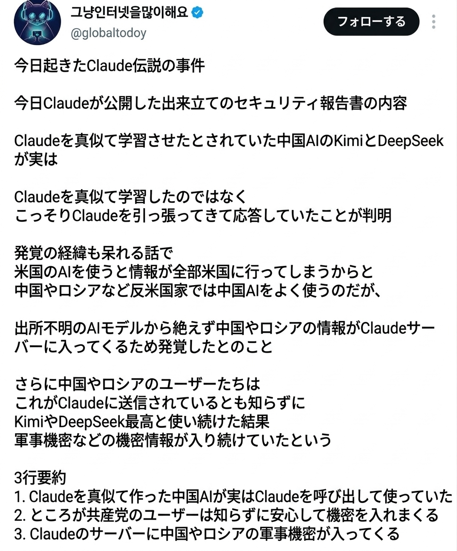 中国AIのKimiやDeepSeekがClaudeを迂回利用していたため利用者の機密データがClaude側に届いていた件を解説するX投稿のスクリーンショット。