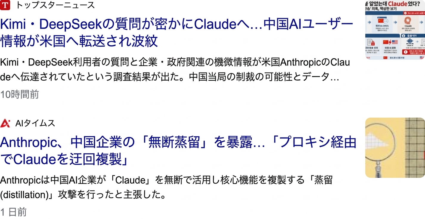 中国AIユーザーの情報がClaudeに送信されていた疑惑やAnthropicの無断蒸留暴露を取り上げたニュース記事のスクリーンショット。