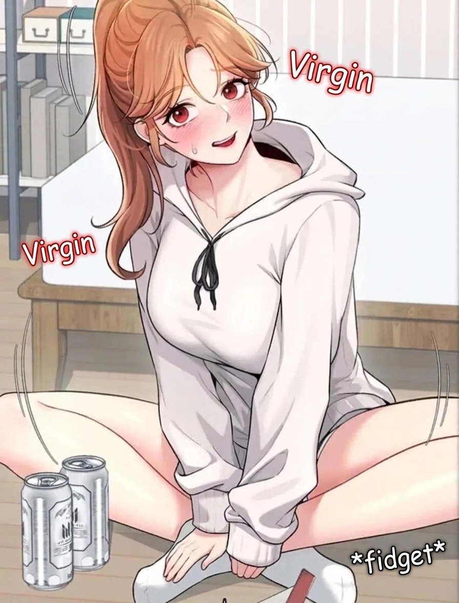 A webtoon panel showing a blushing female character sitting on the floor with floating text around her that reads 'virgin'.