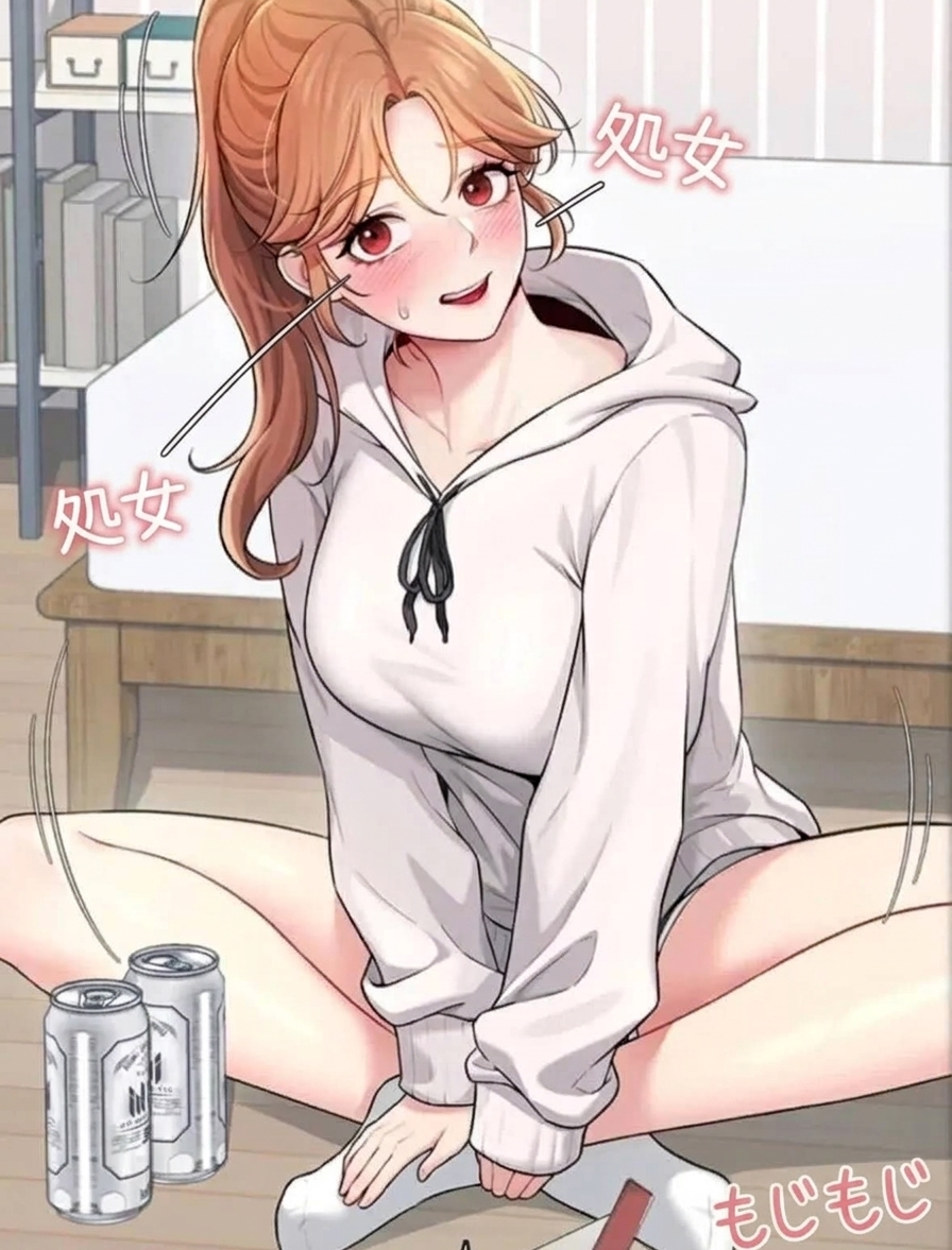 部屋の床に座って顔を赤らめているウェブトゥーンの女性キャラクターの周りに「処女」という文字の効果音が浮かんでいるシーン