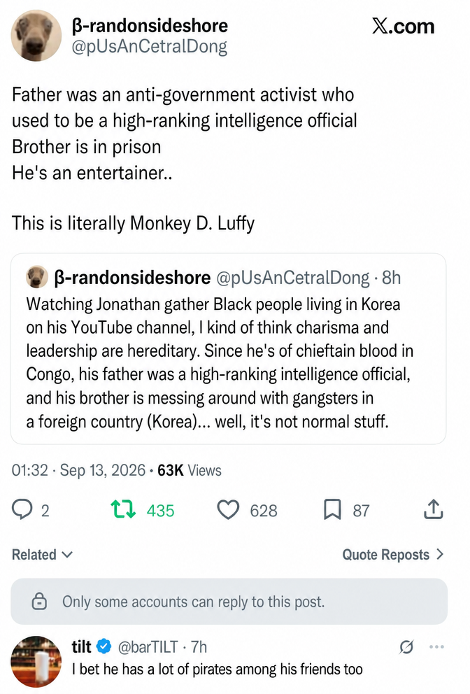A social media tweet screenshot comparing TV personality Jonathan's family background to Monkey D. Luffy from One Piece.