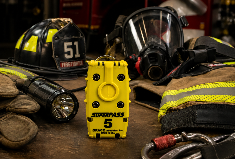 A yellow firefighter's PASS device shown alongside other firefighting gear