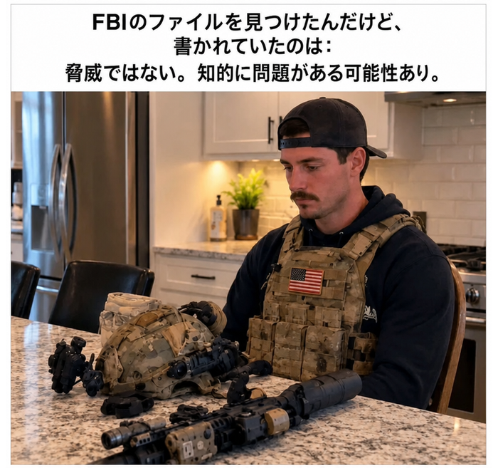 キッチンカウンターでヘルメットとライフルを見つめながら悲しそうに座っている、タクティカルギアを身につけた男。「FBIのファイルを見つけたんだけど、書かれていたのは：脅威ではない。知的に問題がある可能性あり。」というテキストがある。