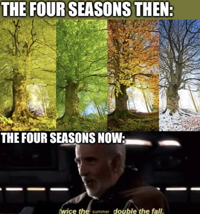 Meme contrasting the four distinct seasons of a tree with Count Dooku from Star Wars captioned 'twice the summer, double the fall'.